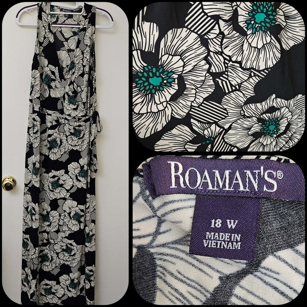 SIZE 18W ROAMAN'S wrap style floral dress long black white teal